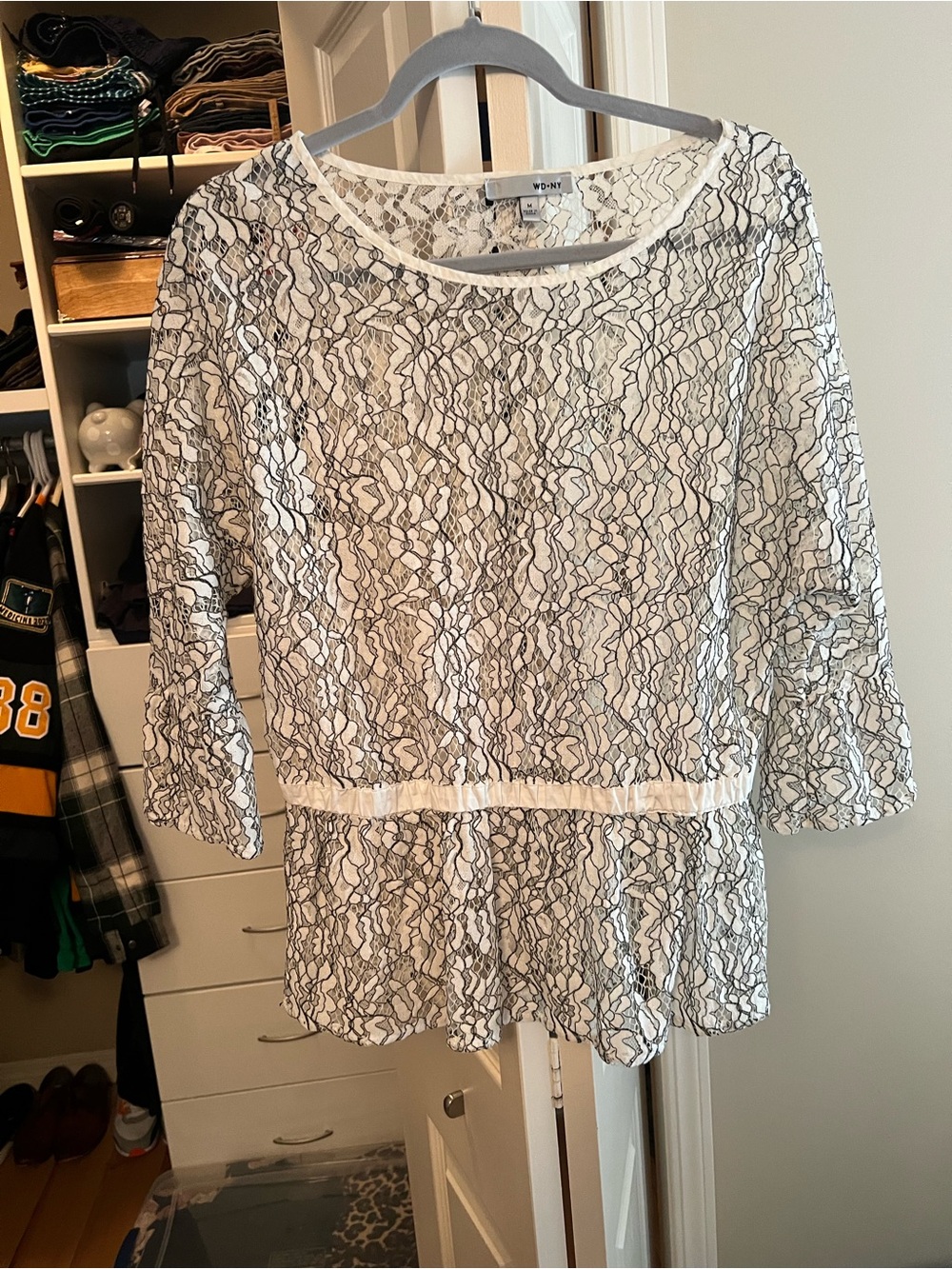 WD.NY White Lace Peplum Blouse with Black Overlay